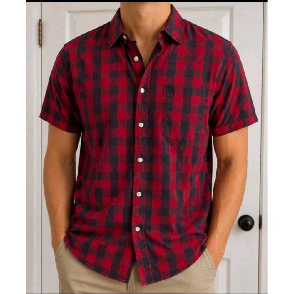 American Rag Men's XL Red Black Buffalo Plaid Short Sleeve Button Up Shirt